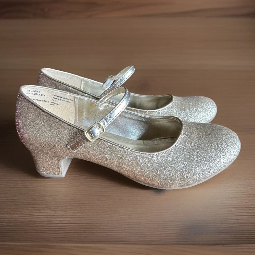 Olive‎ & Edie Lucina Mary Jane Youth Girls Size 4 Gold Glitter Heel Dressy Glam